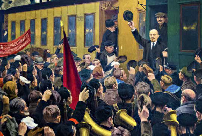 Приезд Ленина в Петроград в апреле 1917 года. Картина Михаила Соколова (1875–1953). Вопреки исторической правде (но следуя инстинкту самосохранения) художник включил в картину Сталина