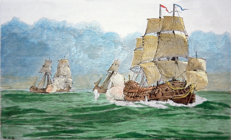 Флотилия пирата Генри Эвери преследует нагруженный сокровищами индийский парусник «Ганг-и-Савай» в сентябре 1695 г. Захват этого корабля до сих пор остается одним из самых прибыльных ограблений в истории, а капитан Эвери стал первым человеком в мире, объявленным в международный розыск.