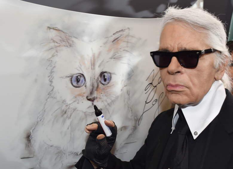 Карл Лагерфельд с рисунком своей кошки. Фото:  Jens Kalaene / DPA / TASS