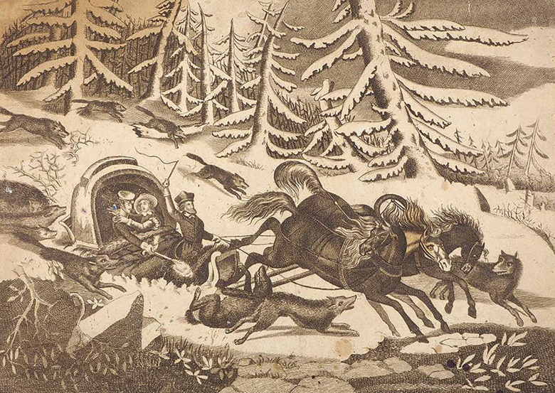 Хищныя волки, напавшiя на проѣзжающихъ. Гравюра-лубок, 1894