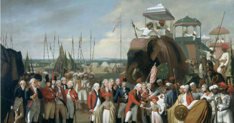 Типу Султан отдает своих сыновей в заложники генерал-губернатору Чарльзу Корнуоллису (картина Роберта Хоума, 1797). Один из последних  независимых индийских правителей был вынужден подписать унизительный мир с британцами