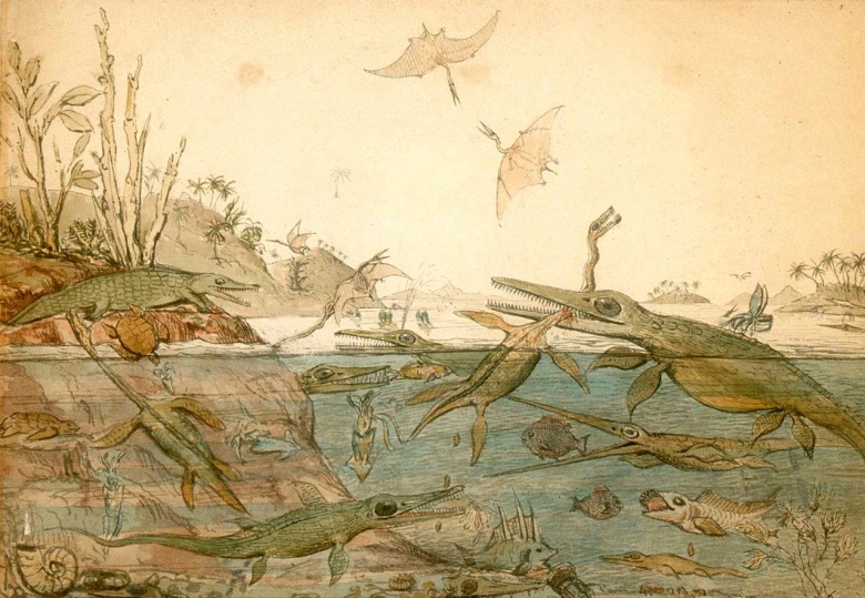 Одно из ранних научных изображений динозавров: акварель английского палеонтолога Генри Томаса де Беша «Древнейший Дорсет» (1830). Наш общий предок с динозаврами (и всеми живыми организмами в истории Земли) жил около 4 млрд. лет назад