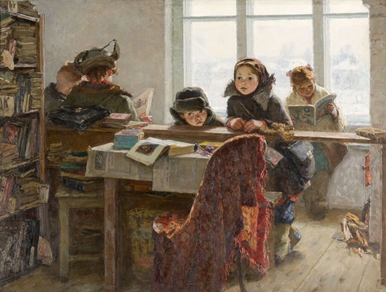 «В сельской библиотеке. Читатели» Картина Ирины Шевандроновой, 1954