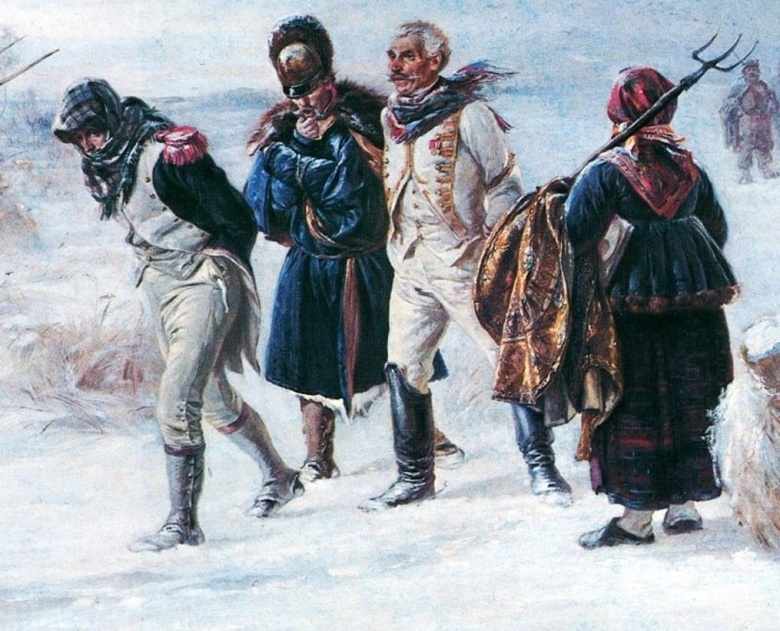 Фрагмент картины И. Пряшникова «В 1812 году. Пленные французы». Юмор в том, что, не погрешив против исторической правды, на их месте можно нарисовать русских, плененных русскими крестьянами