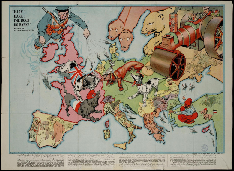 "Гав! Гав! Что-то собаки разлаялись!" Сатирическая карта Европы 1914 года.
