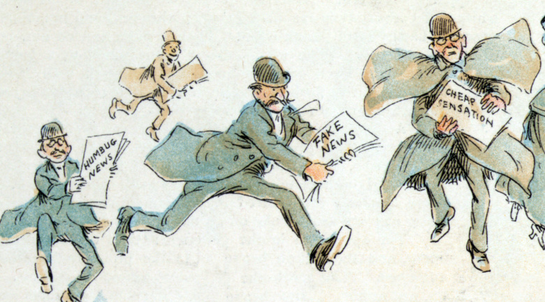 Фрагмент карикатуры из американского сатирического еженедельника Puck, 1894 год. Термин «фейк-ньюс» был придуман задолго до президента Трампа.