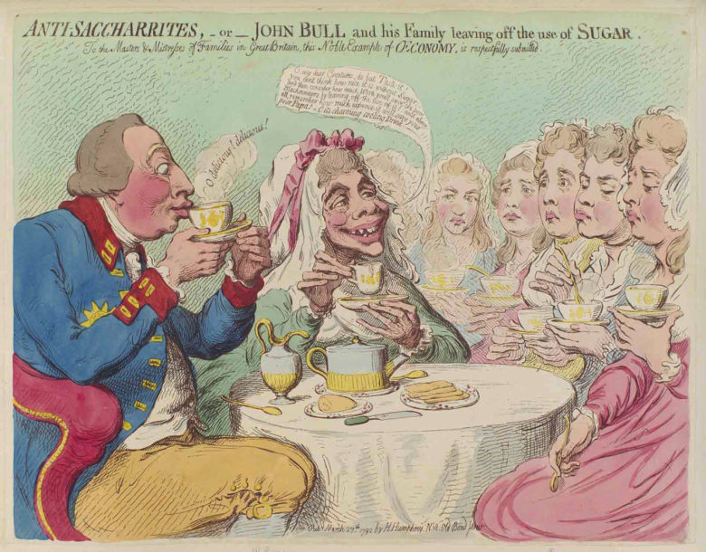 Антисахариты: английский король Георг III и его супруга королева Шарлотта пьют чай без сахара и наставляют своих дочерей всегда поступать так же. Карикатура Джеймса Гилрея (1792) высмеивает призывы борцов с работорговлей бойкотировать сахар с плантаций Вест-Индии.