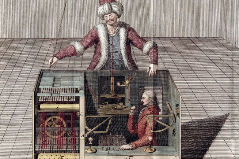 «Механический турок» Вольфганга фон Кемпелена (1770): первый «шахматный автомат» был на самом деле ловкой мистификацией. На этой гравюре из памфлета дрезденского вельможи Йозефа Ракница (1789) показано предполагаемое устройство автомата. Ракниц первым разгадал тайну «Механического турка».
