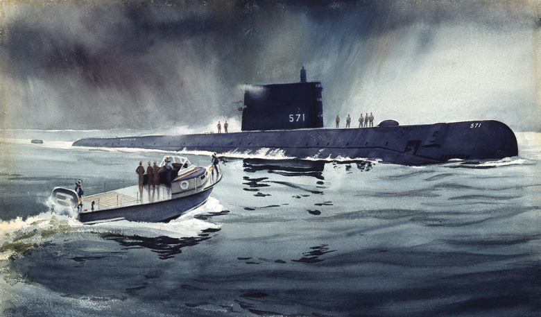 Первая в мире атомная подводная лодка USS Nautilus вступила в строй в 1954 году. Акварель Альберта Мюррея, 1959