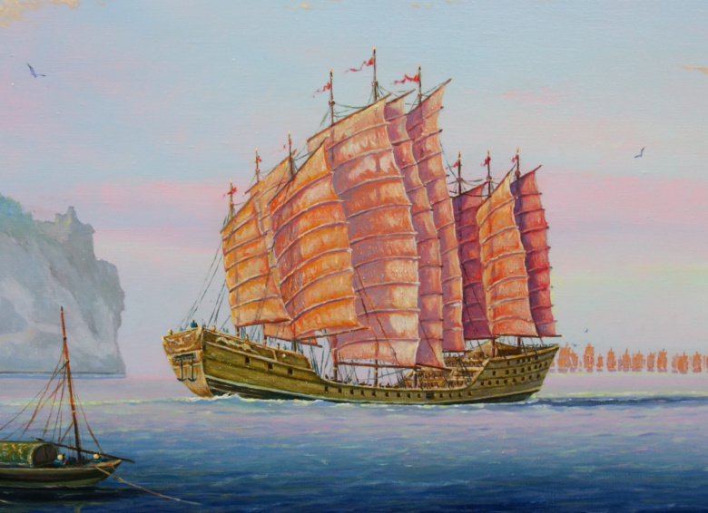 «Корабль-сокровищница» китайского адмирала Чжэн Хе (1371–1433). Корабли такого типа, возможно, были самыми крупными парусными судами в истории мореплавания — длина больше 100 м, водоизмещение свыше 30 000 т. Однако средневековый Китай так и не смог стать великой морской державой, а «корабли-сокровищницы» в конце концов были заброшены