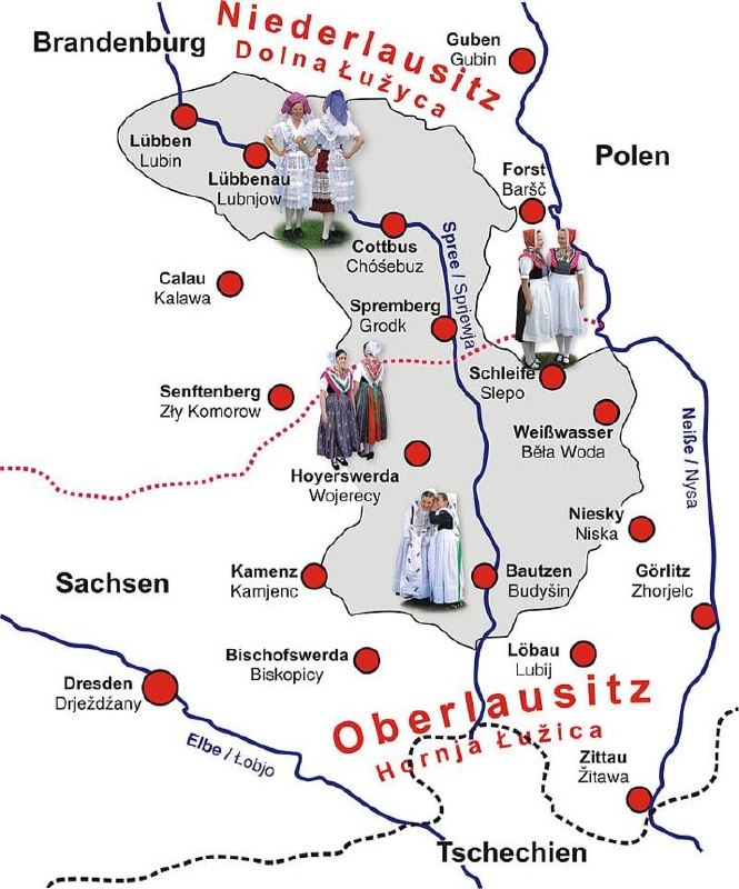 Ареал компактного проживания лужицких сербов в Германии.