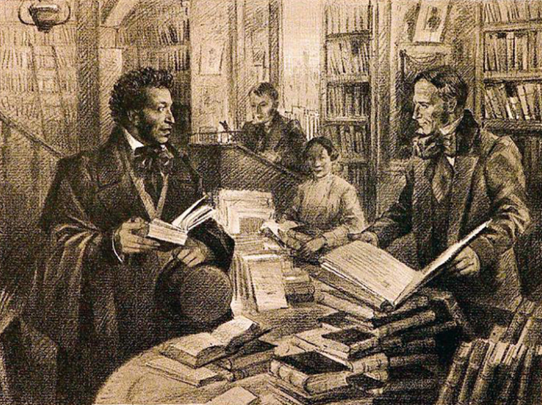 Пушкин в лавке книготорговца  Смирдина. Гравюра Николая Павлова, 1936