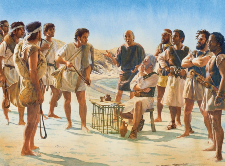 Наёмные балеарские пращники спорят со своими карфагенскими командирами, современная реконструкция