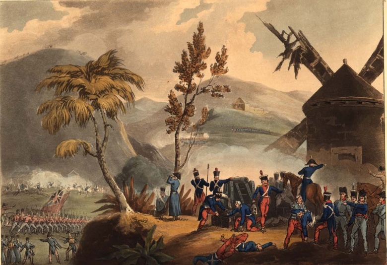 Французские войска (на переднем плане) держат оборону в проигранной англичанам (слева) битве при португальской деревне Ролисе, 1807 год