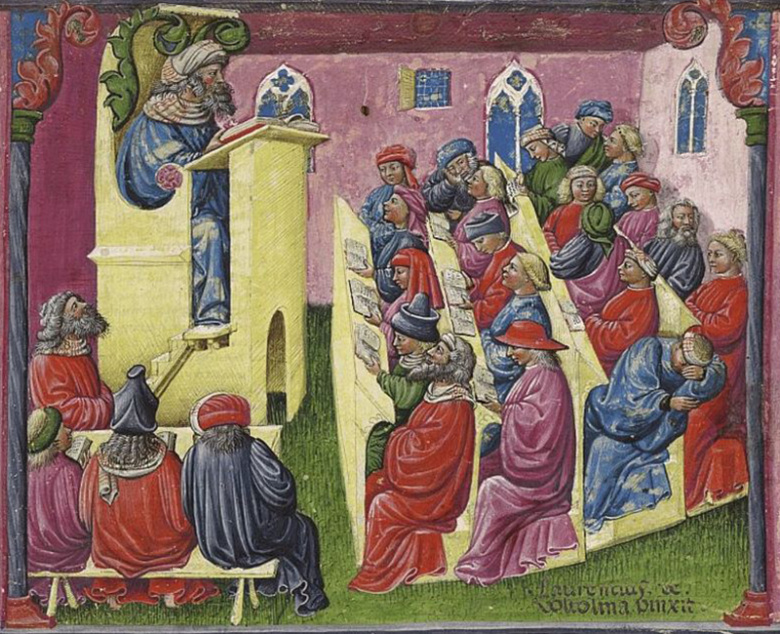«Аристотель читает лекцию своим ученикам». На этой итальянской миниатюре XIV столетия изображена, конечно, не античная Академия, а современная художнику средневековая школа.