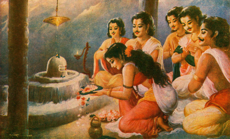 Героиня индийского эпоса “Махабхарата” Драупади и ее пять мужей — богатырей-пандавов. В разных версиях мифа пандавы либо смертельно соперничают друг с другом из-за жены, либо живут все вместе в мире и согласии.