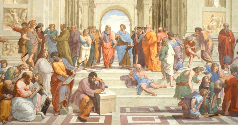 Рафаэль Санти. На фреске изображены представители Афинской школы, включая Платона, Аристотеля, Диогена, Плотина Евклида (Архимеда), Пифагора и др.