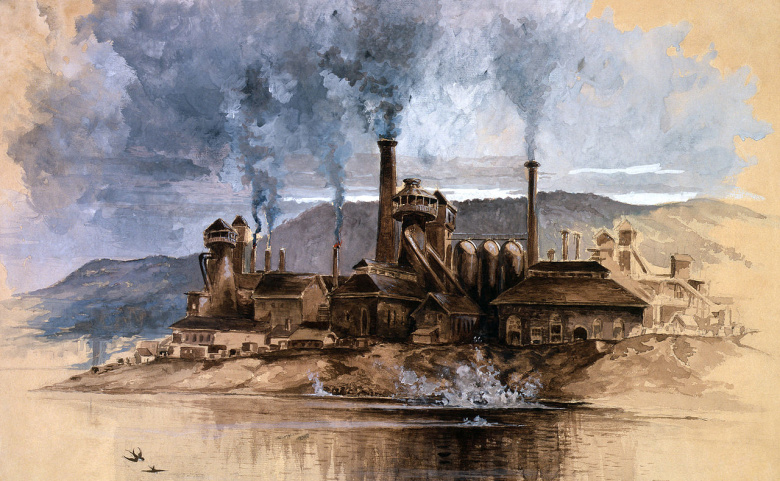 Сталелитейный завод в Бетлхейме (акварель Джозефа Пиннела, 1881). Сегодня нам трудно воспринять подобный пейзаж как образ прогресса и процветания.
