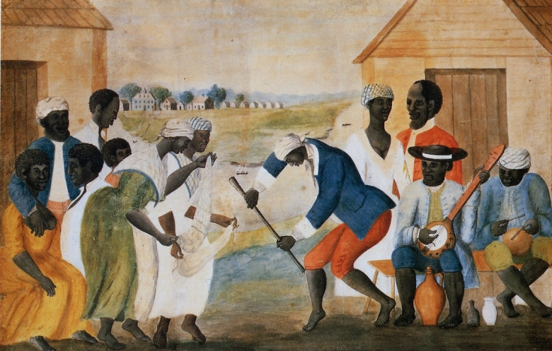 Рабы, танцующие на плантации в Южной Каролине. Акварель Джона Роуза, ок. 1790. Хлопок был основным экспортным товаром и основой благосостояния американского Юга.
