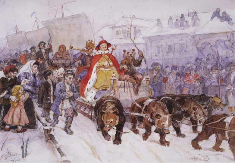 Большой маскарад в 1722 году на улицах Москвы с участием Петра I и князя И.Ф.Ромодановского. Акварель Василия Сурикова, 1900