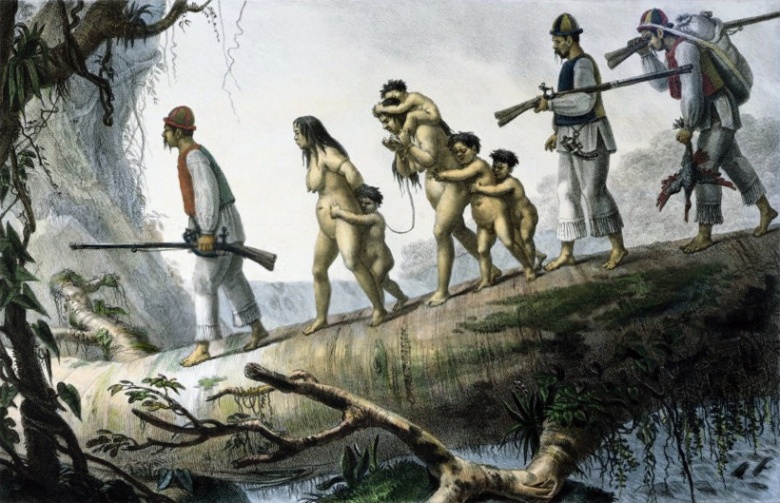 Бразильские охотники за рабами ведут в неволю захваченных индейцев гуарани. Картина Жана-Батиста Дебре, ок. 1830
