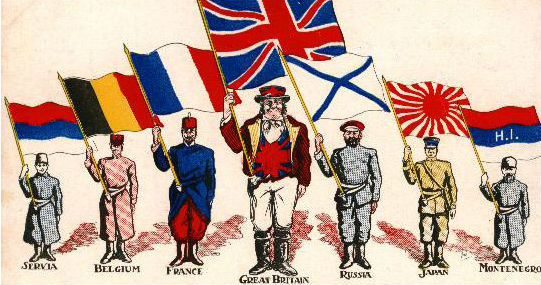 Британский рисунок, изображающий союзников Первой мировой войны - Сербию, Бельгию, Францию, Великобританию, Россию, Японию и Черногорию. Надпись: «Союзники — „Вперёд к Победе“». Фото: wikipedia.org
