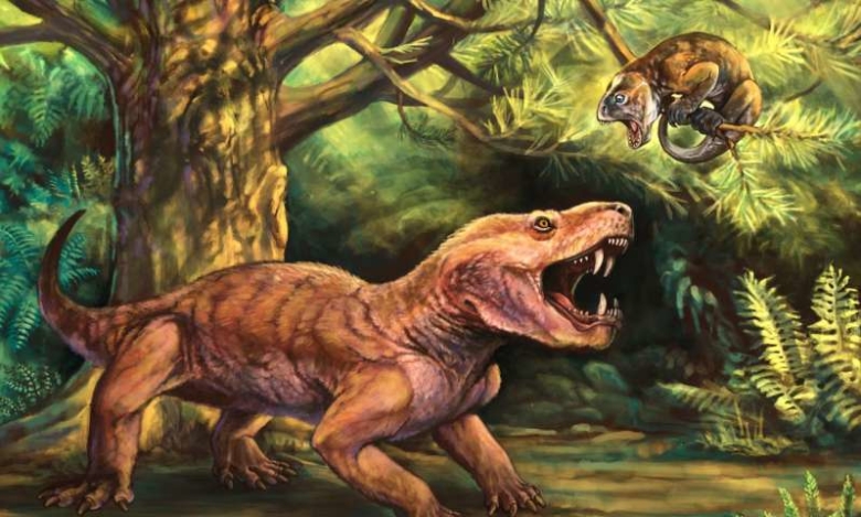Звероящер Gorynychus masyutinae охотится на Nochnitsa geminidens. Иллюстрация: Matt Celeskey