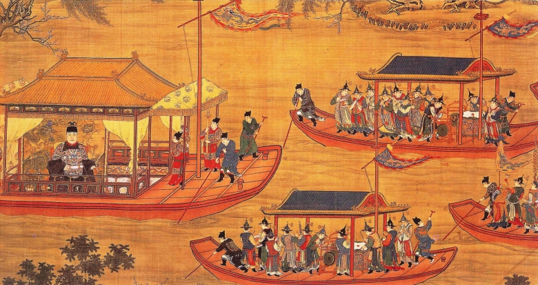 Император Цзяцзин путешествует по реке со свитой и охраной. Неизвестный художник, 1538.