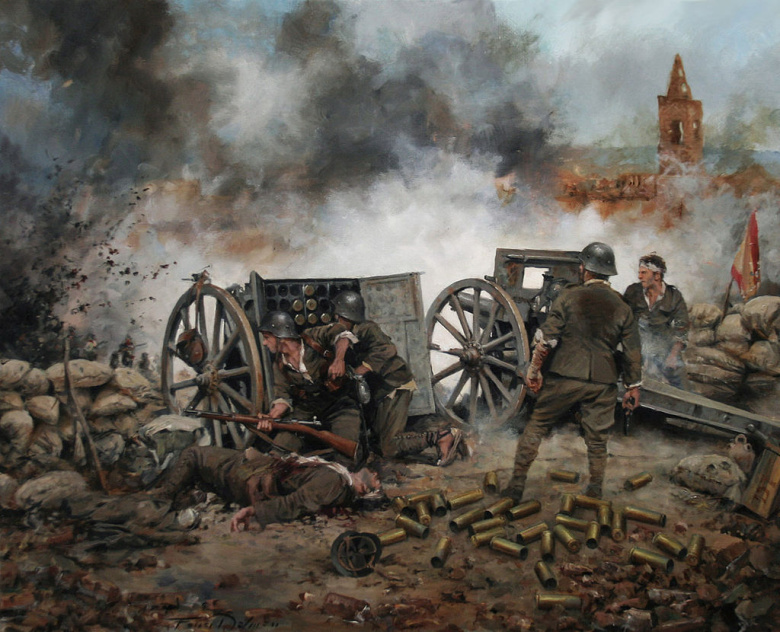 Битва за Бельчите, сентябрь 1937 года. Мятежники-артиллеристы ведут огонь по наступающему врагу