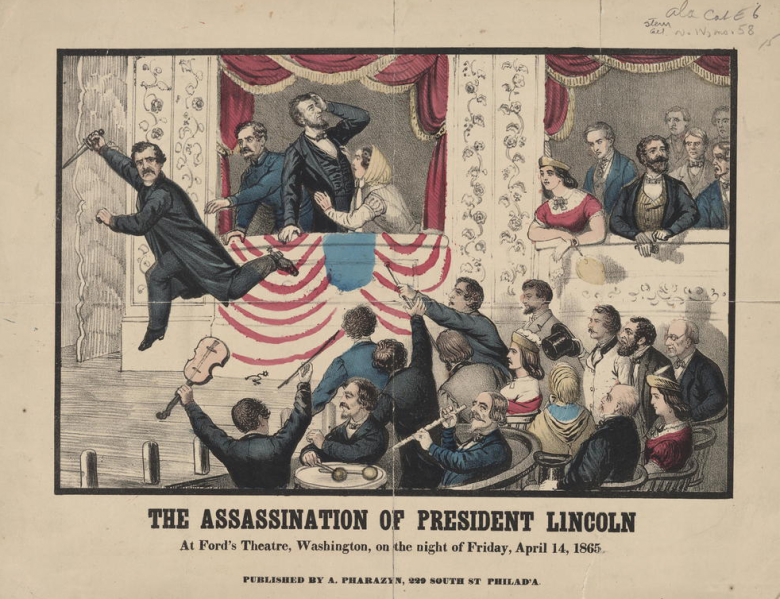 Убийство президента Линкольна 14 апреля 1865 года. Убийца Джон Уилкс Бут (слева; выпрыгивает из президентской ложи с ножом) смог сбежать с места преступления и несколько дней скрывался. Впоследствии президент Эндрю Джонсон, преемник Линкольна, помиловал сообщника Бута, который спрятал убийцу.