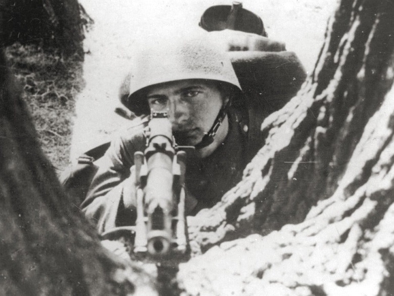 Польский солдат с автоматической винтовкой Browning wz. 28 на огневой позиции