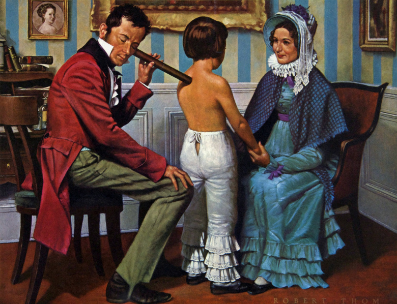 Детская больница Неккер, Париж, 1816 год: доктор Теофиль Лаэннек прослушивает пациента с помощью полого деревянного цилиндра — предшественника стетоскопа.