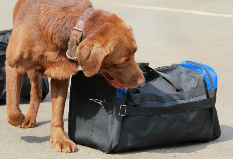 Служебная собака во время занятий по обнаружению наркотических веществ.