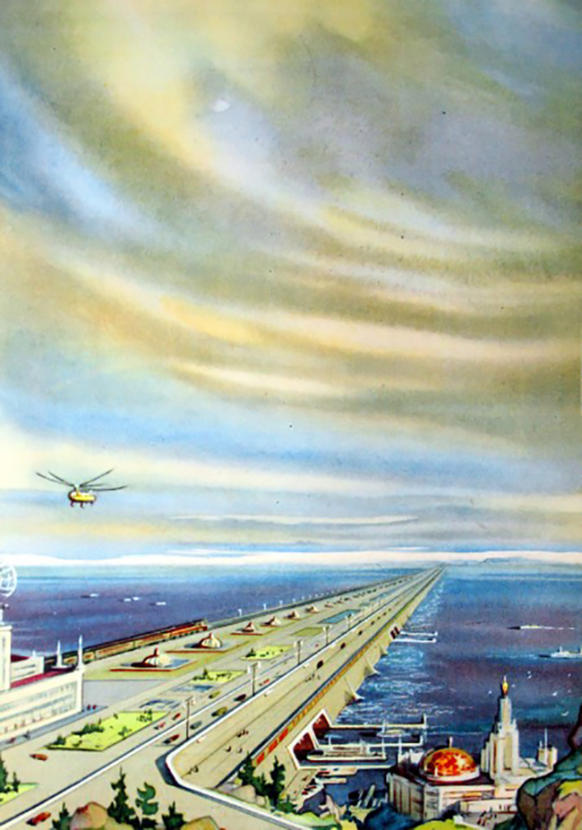 Мост через Берингов пролив. Иллюстрация из 8-томной «Детской энциклопедии», выходившей в СССР в 1958–1961 гг.