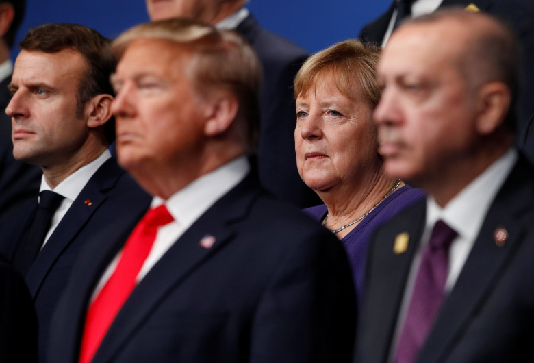 Эммануэль Макрон, Дональд Трамп, Ангела Меркель, Реджеп Эрдоган. Саммит НАТО, 3-4 декабря 2019 года. Фото: Peter Nicholls / Reuters / Pool