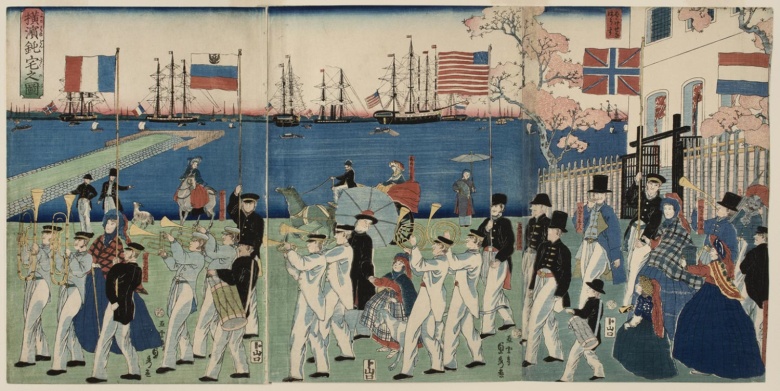 Моряки великих держав в Иокогаме. Япония открыла свои порты для иностранцев только в 1858 году под угрозой военной силы Запада. Иллюстрация: Yoshikazu Utagawa / Library of Congress