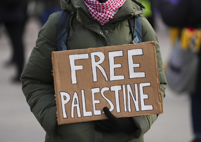 Участник манифестации в поддержку Палестины перед зданием канадского парламента. Оттава, 8 ноября 2023 года