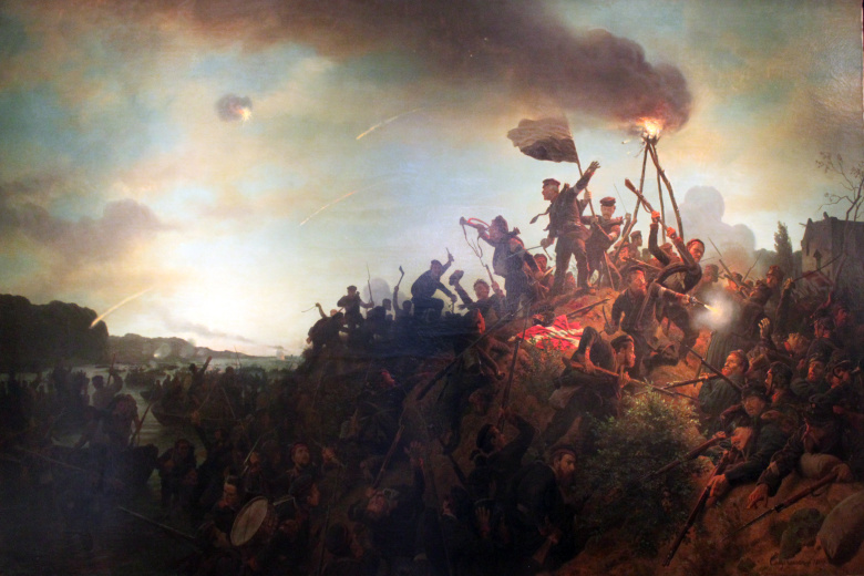 Прусские войска с боем берут остров Альзен. Картина Вильгельма Кампхаузена.