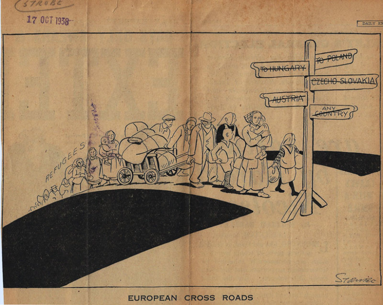 Карикатура, опубликованная в 1938 году газетой Daily Express в Великобритании, показывающая беженцев с оккупированных нацистами территорий и нежелание каких-либо стран их принимать