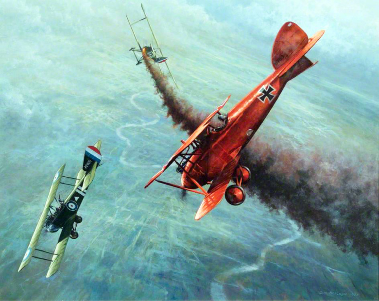 «Красный барон» Манфред фон Рихтгофен и его Albatros D. V. (на первом плане) в воздушном бою с французскими истребителями (1917)