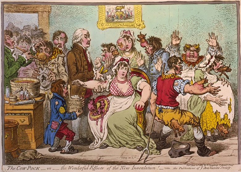 "Удивительные последствия так называемой вакцинации": карикатура английского художника Джеймса Гилрея, 1802. Пациенты, получившие прививку коровьей оспы, немедленно превращаются в домашних животных!