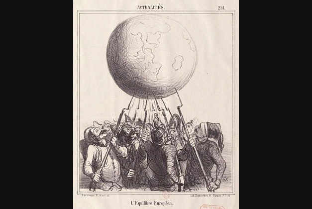 Оноре Домье. L'Équilibre Européen. Карикатура 1866 года, представляющая баланс сил в Европе в виде солдат разных народов, поддерживающих мир на своих штыках.