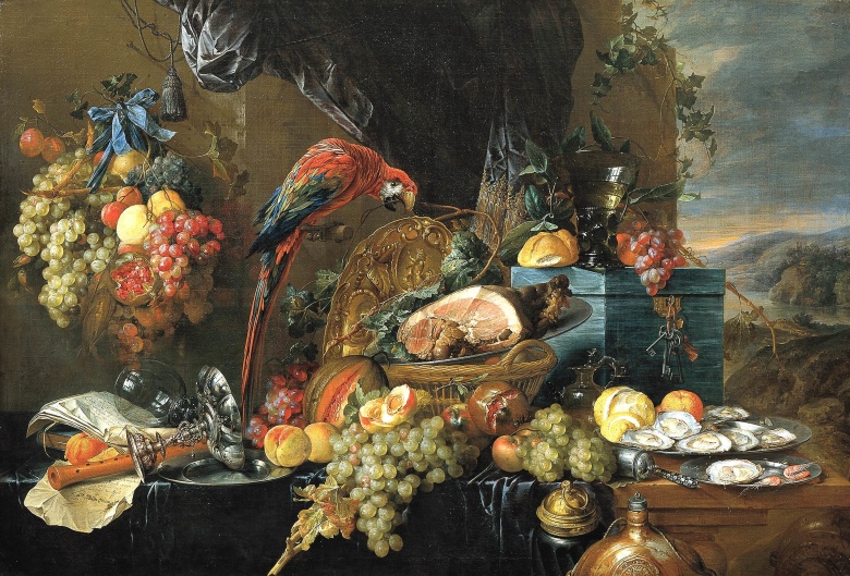 Ян Давидс де Хем. «Роскошный натюрморт с попугаем», 1650