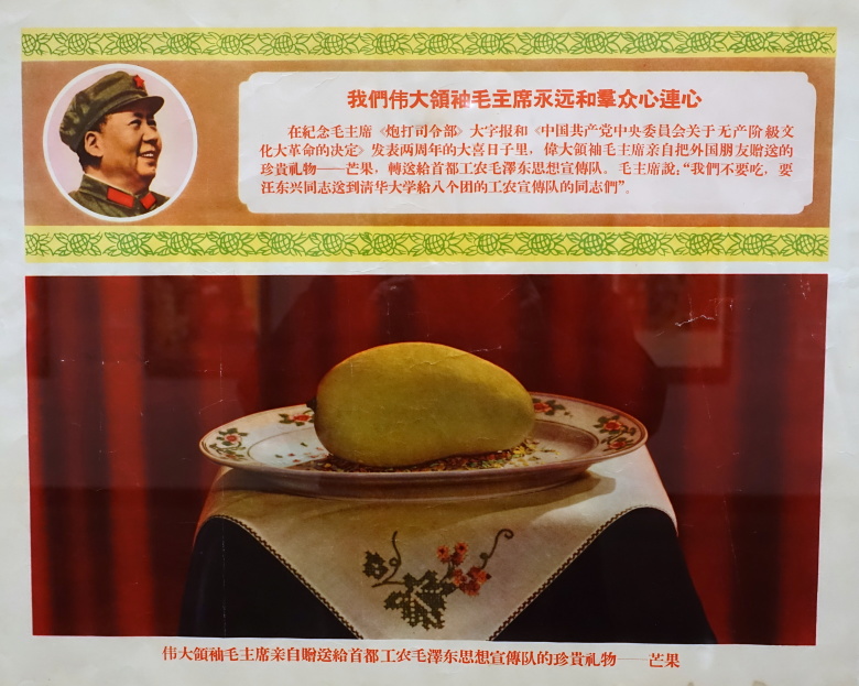 Китайский постер времен культурной революции. Надпись внизу гласит: "Великий вождь председатель Мао Цзэдун лично подарил столичному рабоче-крестьянскому отряду пропаганды идей Мао Цзэдуна драгоценный подарок - манго".