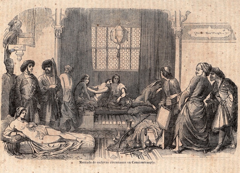 Черкесские пленницы на невольничьем рынке в Константинополе. Гравюра 1851 г.