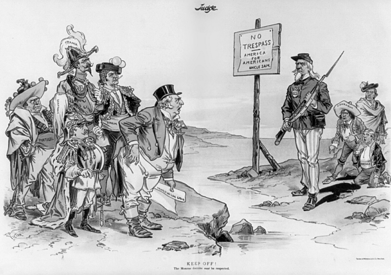 "Проход запрещен! Америка для американцев! Дядя Сэм". Карикатура 1896 года по мотивам доктрины Монро: дядя Сэм с оружием в руках защищает Латинскую Америку от Европы