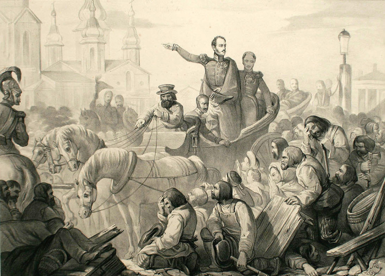 Николай I усмиряет холерный бунт на Сенной площади в Петербурге, 1831