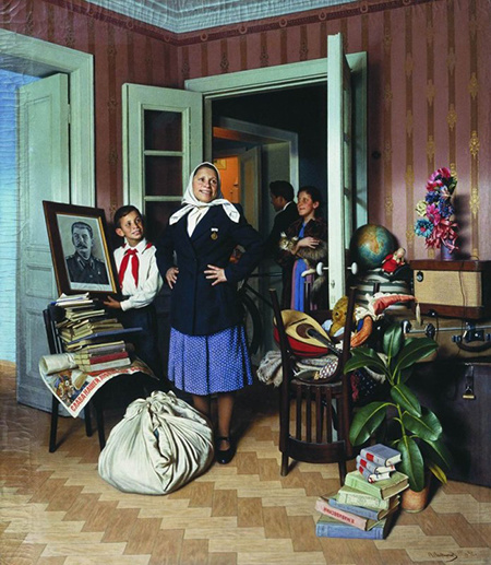 Александр Лактионов. "В новую квартиру". 1952.  В русскоязычном сегменте интернета эта картина известна в качестве мема "Как хорошо, что прежних хозяев расстреляли!"