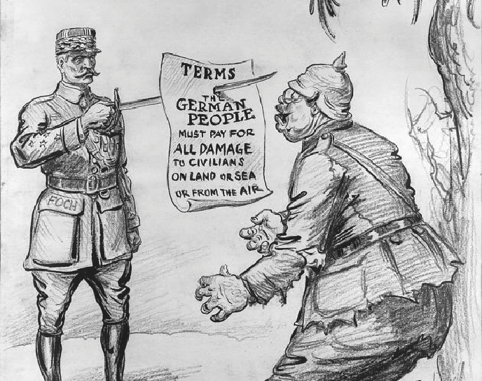 Маршал Фош предъявляет немцам условия перемирия: немецкий народ заплатит за весь причиненный ущерб. Британский пропагандистский плакат