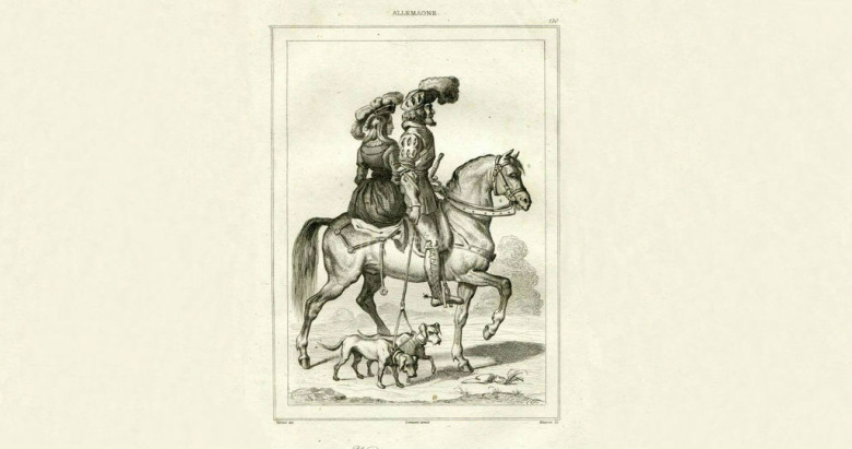 Гравюра, 1838 г. Всадник и Дама